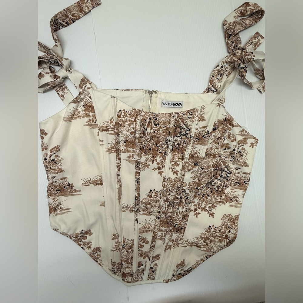 T270- Fashion Nova Cream and Brown Floral Crop Top